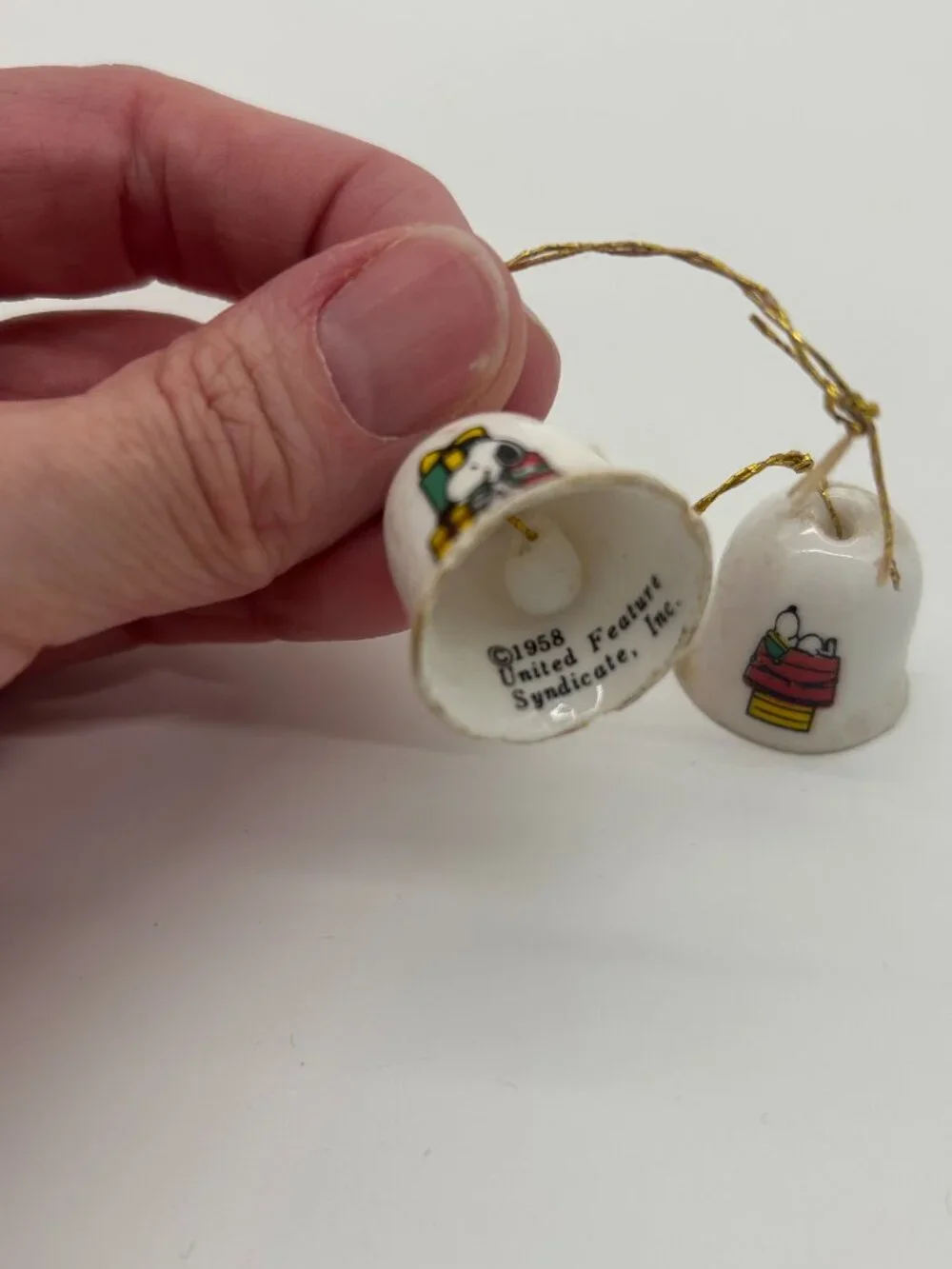 Vintage 1958 Peanuts Snoopy On Dog House Porcelain Mini Bell Ornament Lot of 2 - Picture 3 of 8